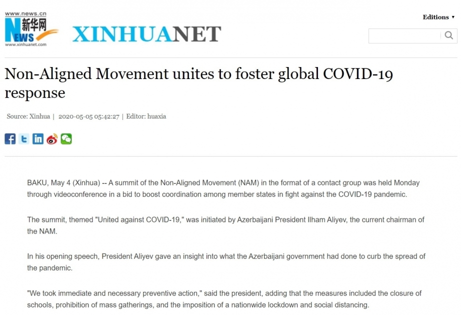 Xinhua: Non-Aligned Movement unites to foster global COVID-19 response