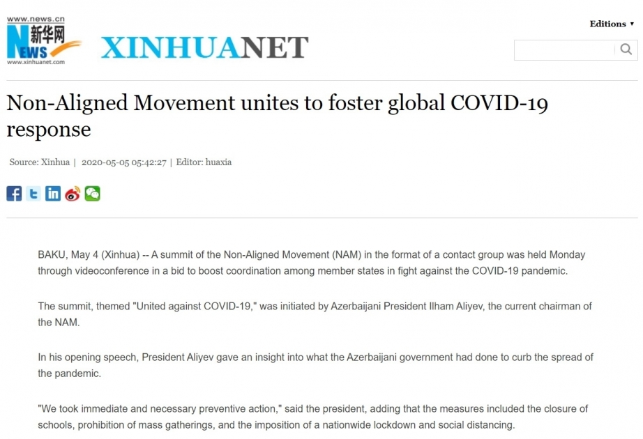 Xinhua: El Movimiento de los No-Alineados se une para fomentar la respuesta global de COVID-19