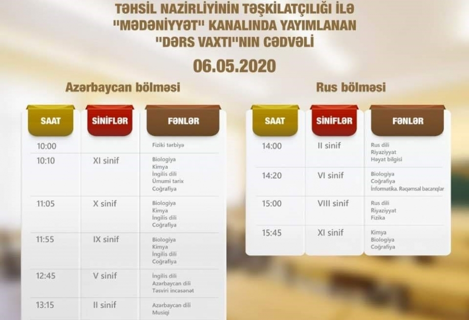 Mayın 6-sı üçün teledərslərin cədvəli