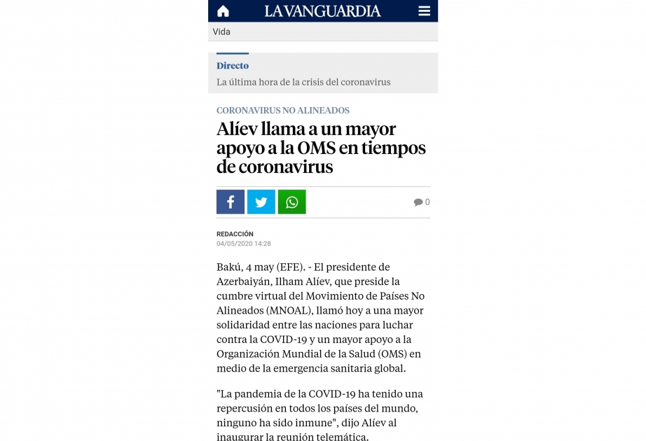 La Vanguardia: Ильхам Алиев призывает усилить поддержку ВОЗ во времена коронавируса
