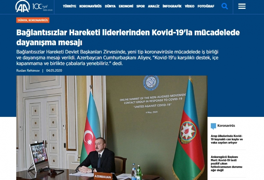 Qoşulmama Hərəkatının koronavirusla mübarizəyə həsr olunan Zirvə görüşü Türkiyə KİV-ləri tərəfindən geniş işıqlandırılıb