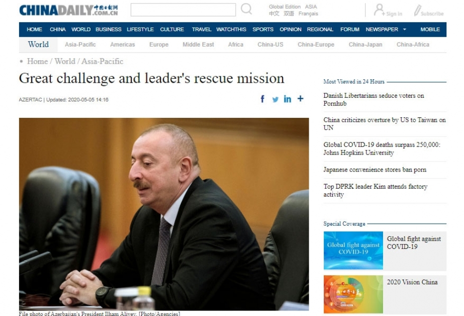 "China Daily" Azərbaycanın koronavirusla mübarizə təcrübəsi barədə AZƏRTAC-ın məqaləsini dərc edib