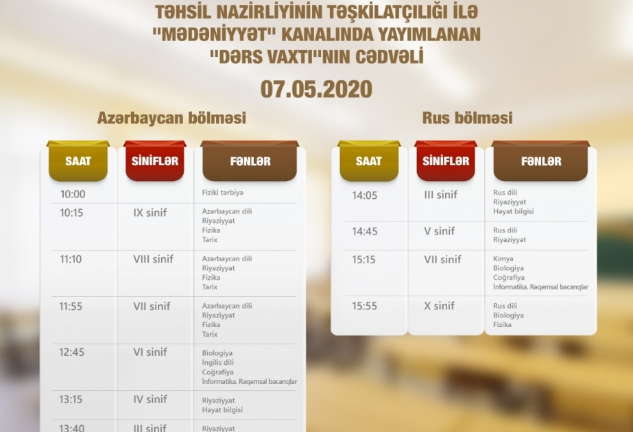 Mayın 7-si üçün teledərslərin cədvəli