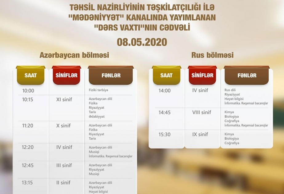 Mayın 8-i üçün teledərslərin cədvəli