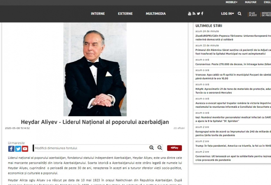 Rumıniyanın AGERPRES agentliyi ümummilli lider Heydər Əliyevin həyat və fəaliyyətindən bəhs edən məqalə yayıb