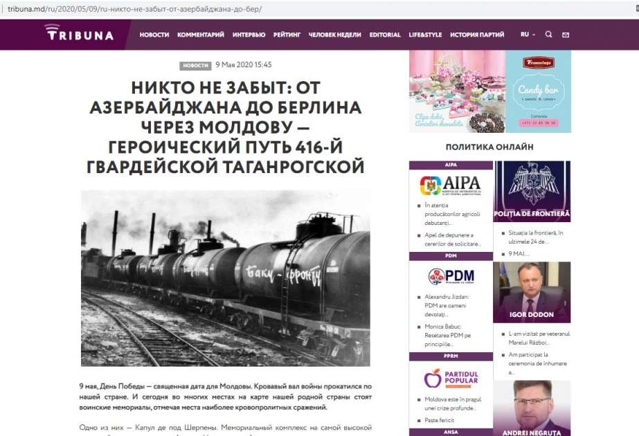Moldova portalında Böyük Vətən müharibəsində azərbaycanlıların şərəfli döyüş yolundan bəhs edən məqalə yerləşdirilib