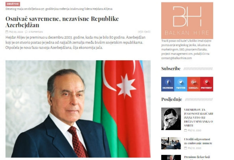 Monteneqro saytı Heydər Əliyevə həsr olunmuş məqalə yayıb