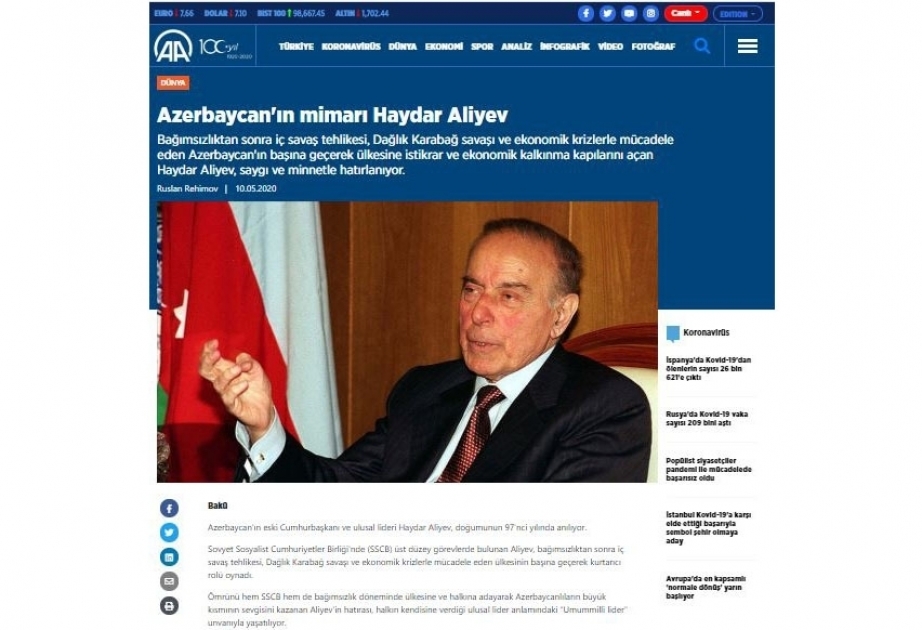 La Agencia Anadolu publicó un artículo titulado "Arquitecto de Azerbaiyán Heydar Aliyev"