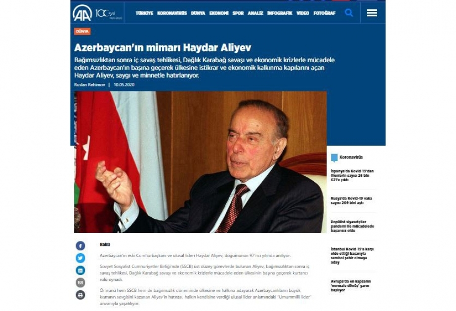 Türkiyənin aparıcı KİV-ləri ümummilli lider Heydər Əliyevin anadan olmasının 97-ci ildönümü münasibətilə geniş məlumatlar yayıblar