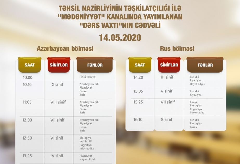 Teledərslərin mayın 14-ü üçün cədvəli