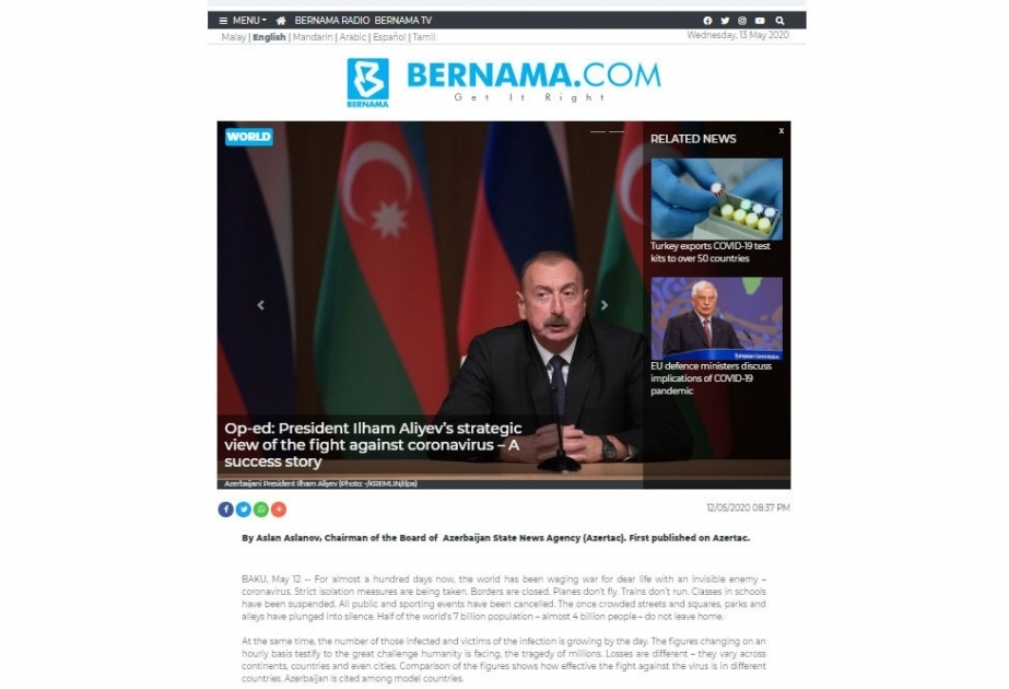 45 sitios web de 23 países publican el artículo de AZERTAC 