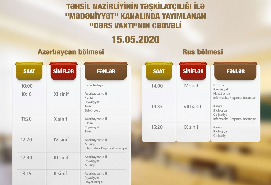 Mayın 15-i üçün teledərslərin cədvəli