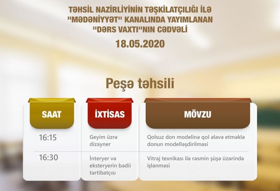 Peşə təhsili üzrə teledərslərin mayın 18-i üçün cədvəli