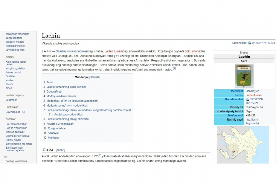 Wikipedia tiene una sección sobre el distrito de Lachin en lengua uzbeka