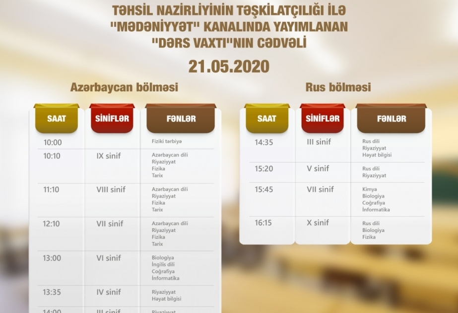 Mayın 21-i üçün teledərslərin cədvəli