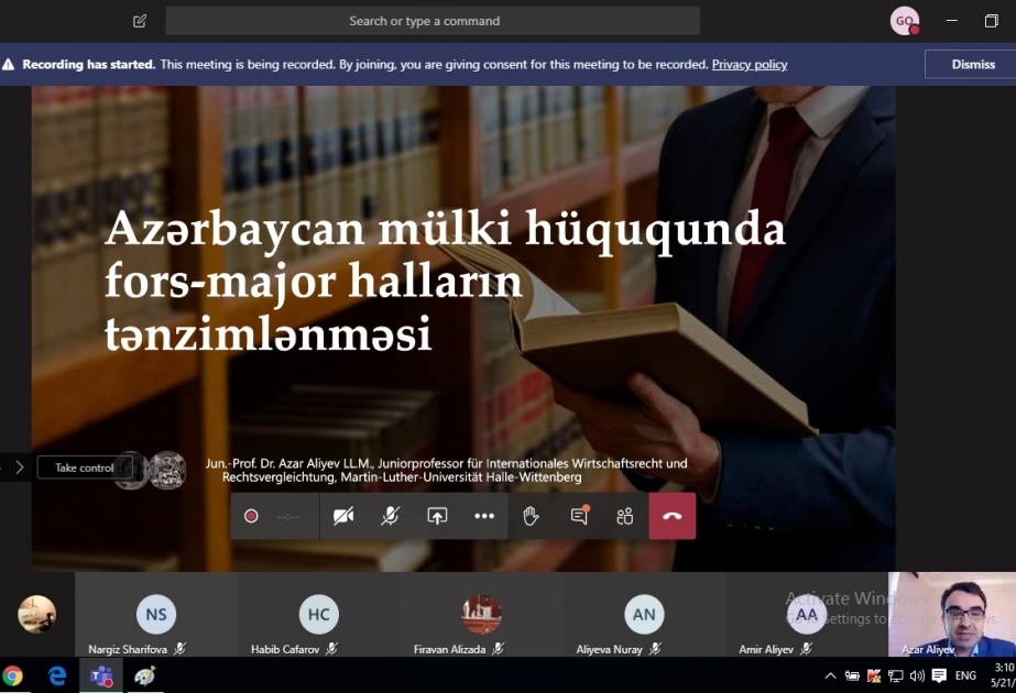 BDU-da “Fors-major hallarının hüquqi tənzimlənməsi” mövzusunda onlayn ustad dərsi