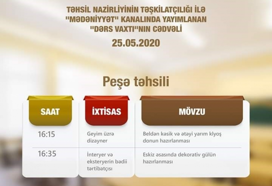 Peşə təhsili üzrə teledərslərin mayın 25-i üçün cədvəli