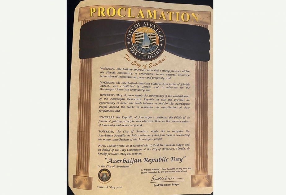 En la ciudad de Aventura, Florida, el 28 de mayo fue declarado el Día de la República de Azerbaiyán