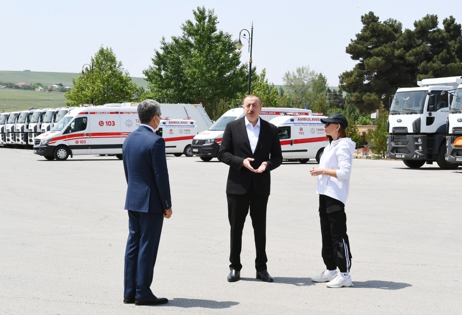 President Ilham Aliyev viewed transport vehicles and special machinery allocated to Shamakhi district VIDEO
