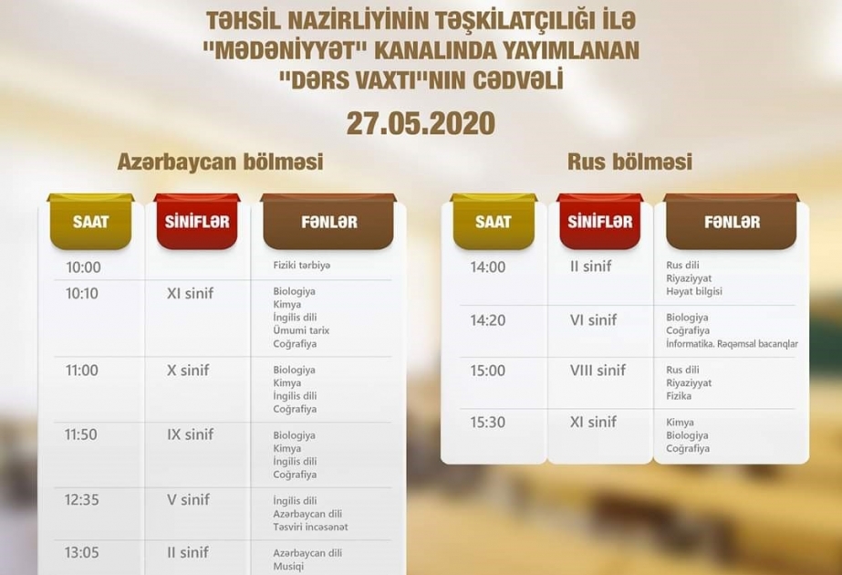 Mayın 27-i üçün teledərslərin cədvəli müəyyənləşdirilib