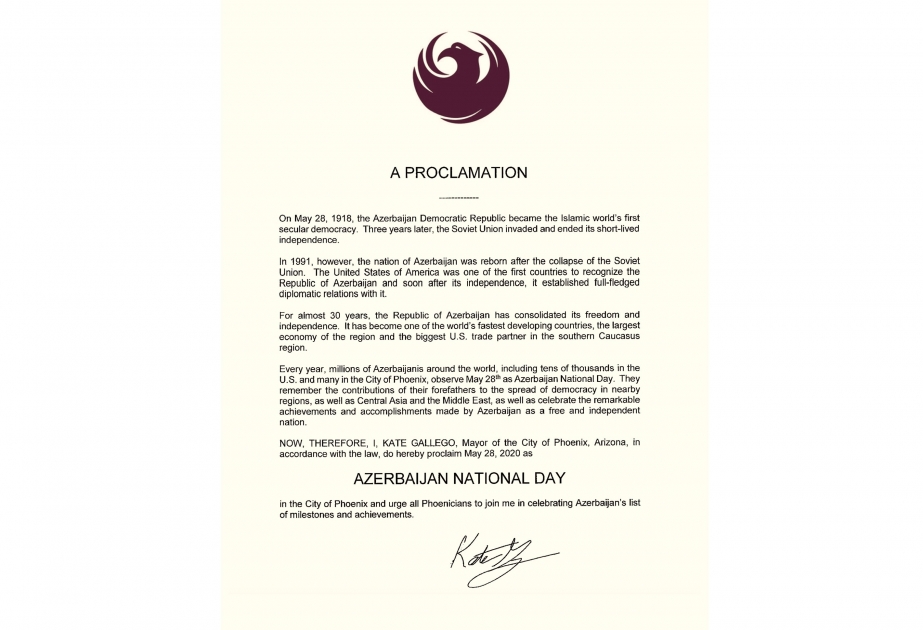亚利桑那州宣布5月28日为阿塞拜疆国庆日