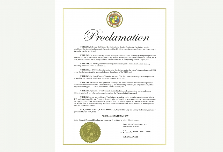 U.S. Las Vegas, Honolulu, San Diego, Monterey cities proclaim May 28 as ‘Azerbaijan National Day’