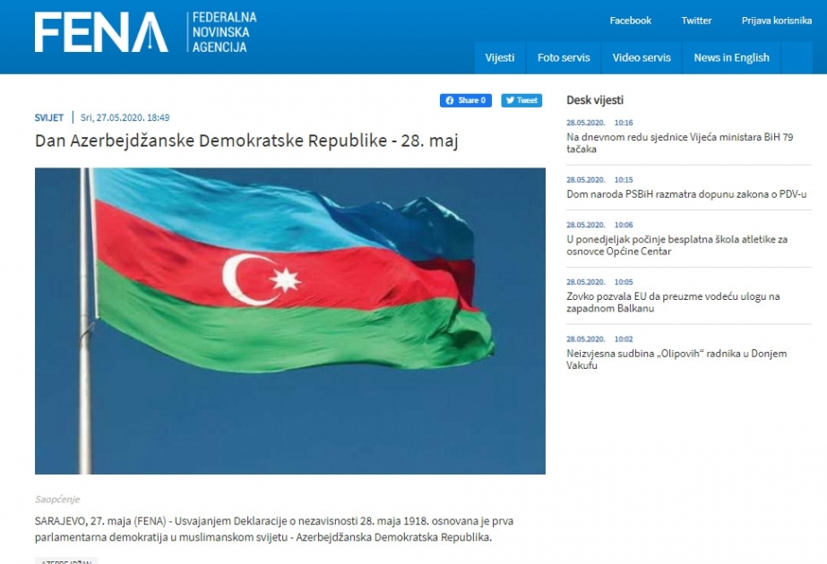 Bosniya və Herseqovina mətbuatı müsəlman Şərqindəki ilk respublikadan yazıb