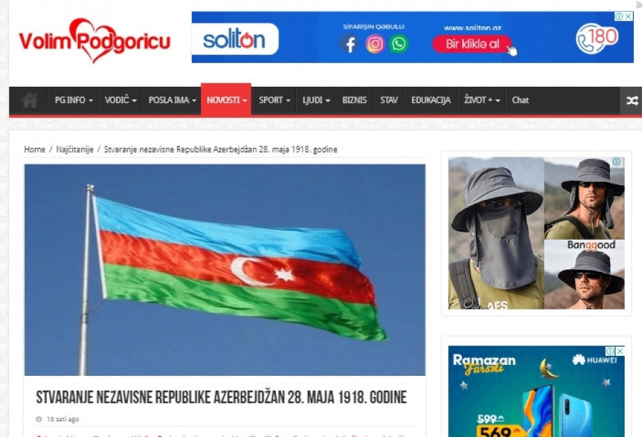 Monteneqro mətbuatında Azərbaycanda müstəqil respublikanın yaranması barədə məqalə dərc olunub