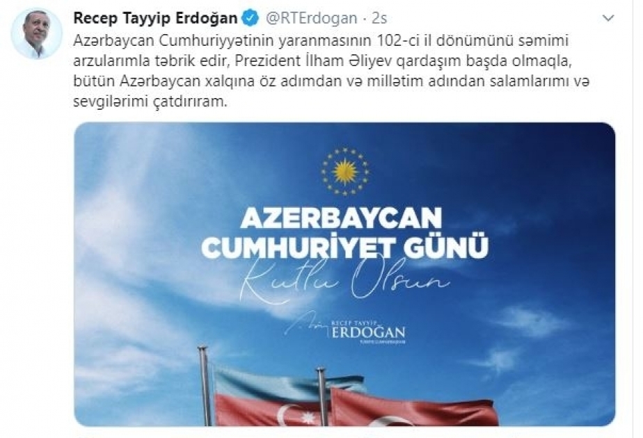 Turkey congratulates Azerbaijan on Republic Day