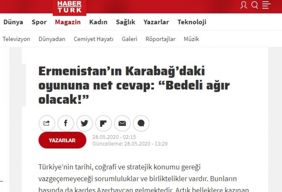 HABER TÜRK: Ermənistanın Qarabağdakı oyunlarının cəzası ağır olacaq
