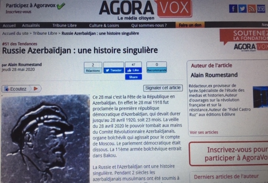 Fransanın “Agoravox” portalında Respublika Gününə həsr olunmuş məqalə dərc edilib