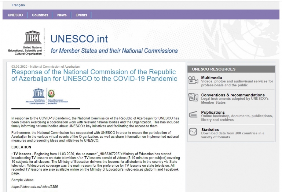 UNESCO-nun rəsmi internet səhifəsində ölkəmizdə koronavirusla mübarizə tədbirlər barədə yazı yerləşdirilib