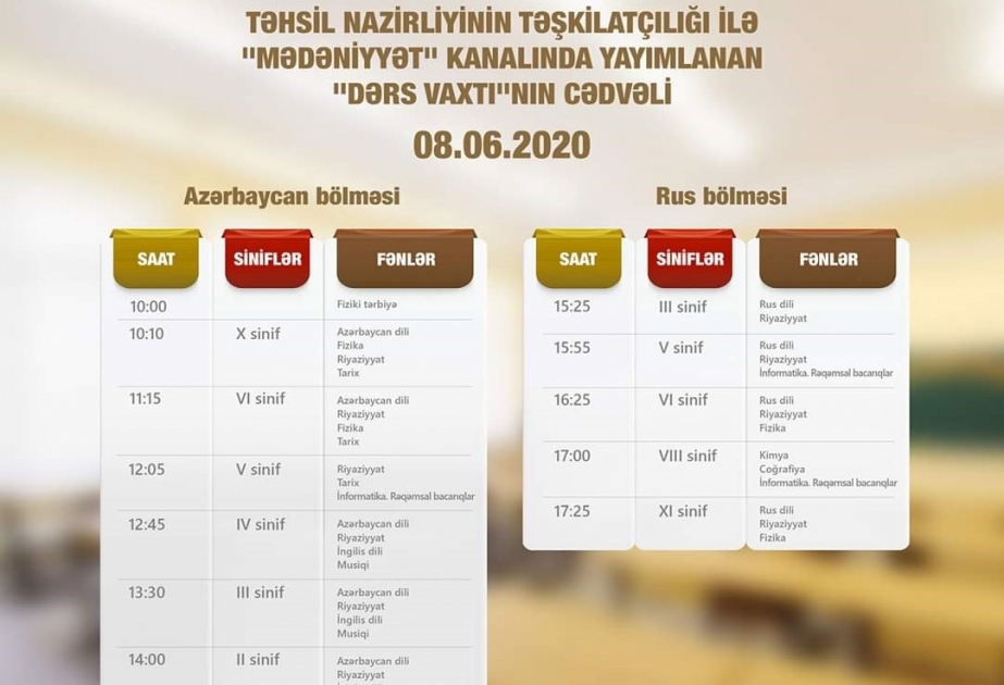 İyunun 8-i üçün teledərslərin cədvəli müəyyənləşdirilib