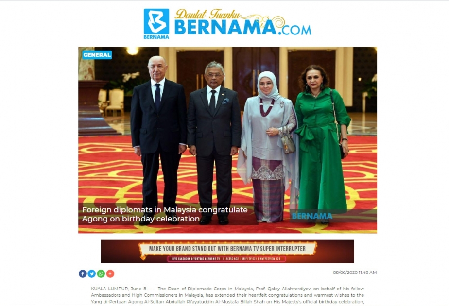 BERNAMA agentliyi Azərbaycan səfirinin Malayziya Kralına təbrik məktubunun mətnini yayıb