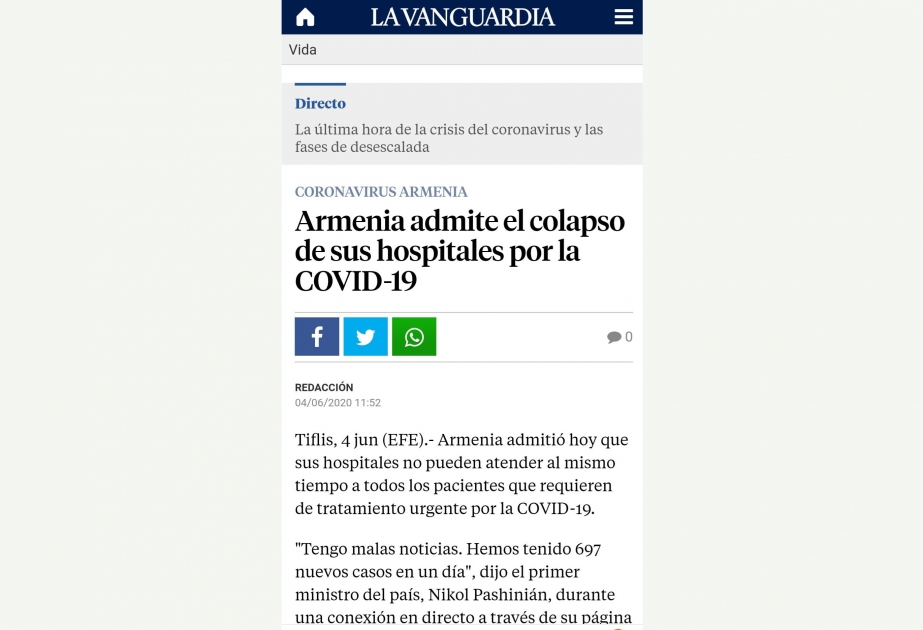 «La Vanguardia»: Армения признает коллапс в своих больницах, вызванный COVID-19