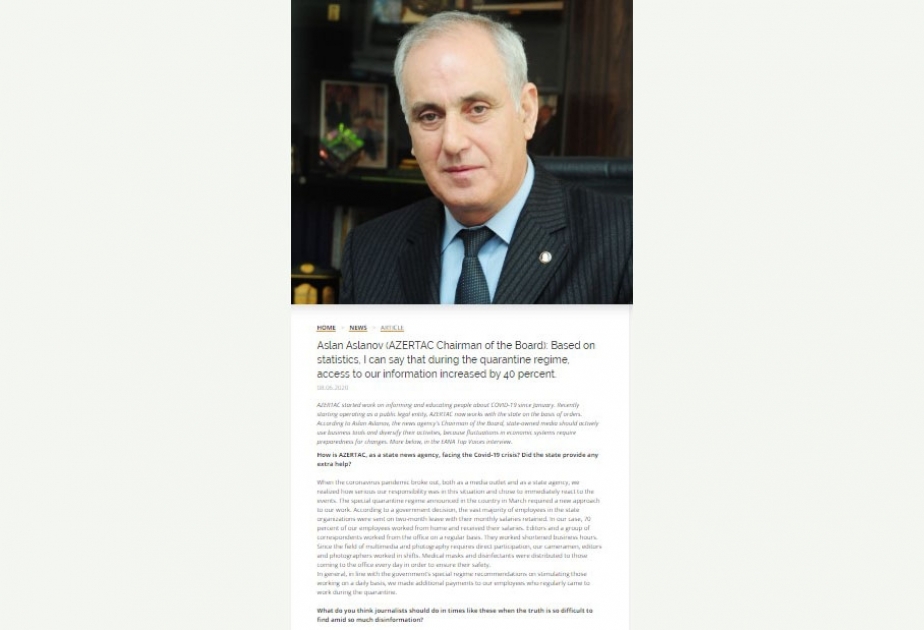Aslan Aslanov: Pandemiya dövründə etibarlı xəbər mənbələrinə müraciətlərin artdığını gördük