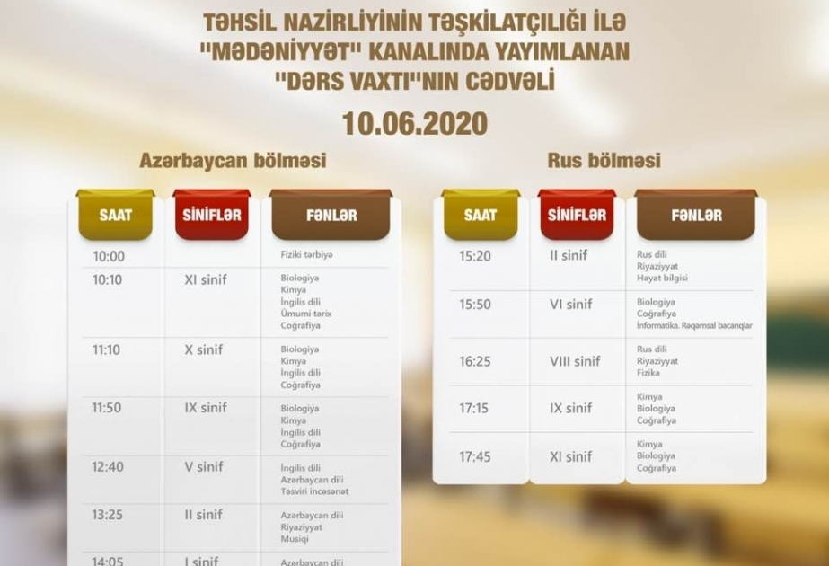 İyunun 10-u üçün teledərslərin cədvəli müəyyənləşdirilib