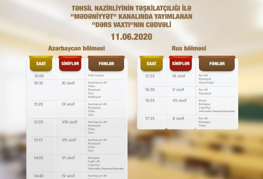 İyunun 11-i üçün teledərslərin cədvəli müəyyənləşdirilib