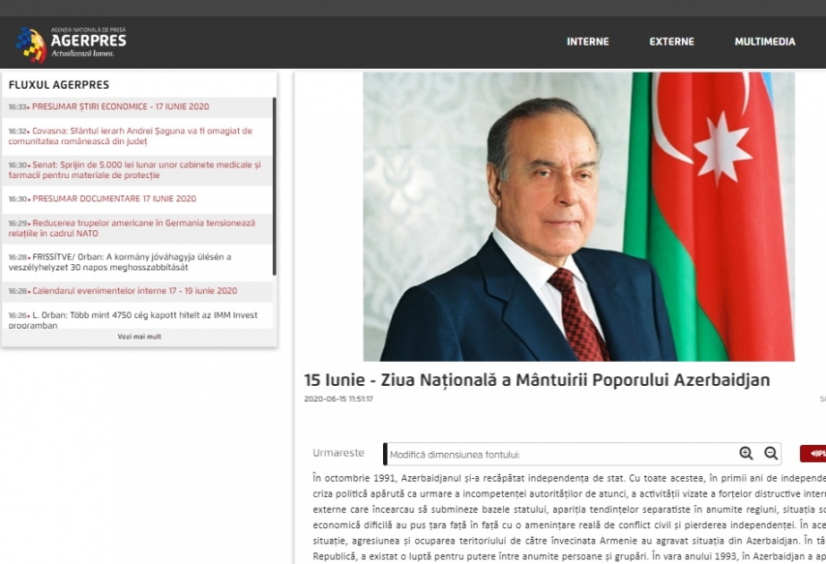 Rumıniyanın “AGERPRES” xəbər agentliyi Milli Qurtuluş Günü barədə məqalə yayıb