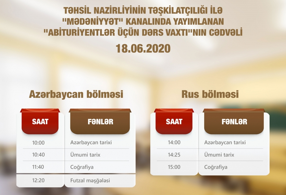 Abituriyentlər üçün teledərslərin iyunun 18-i üçün cədvəli