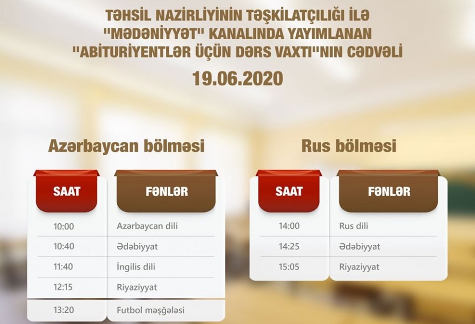Abituriyentlər üçün teledərslərin cədvəli