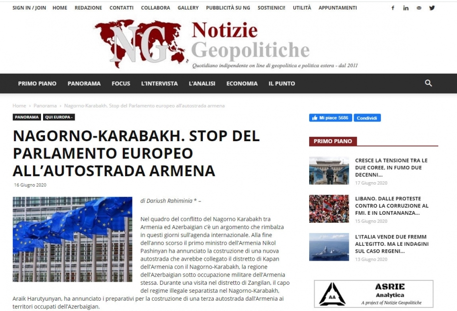 İtaliya mətbuatı Avropa Parlamentinin Azərbaycanın işğal edilmiş ərazilərini Ermənistanla birləşdirən magistral yolun inşasına etirazından yazır