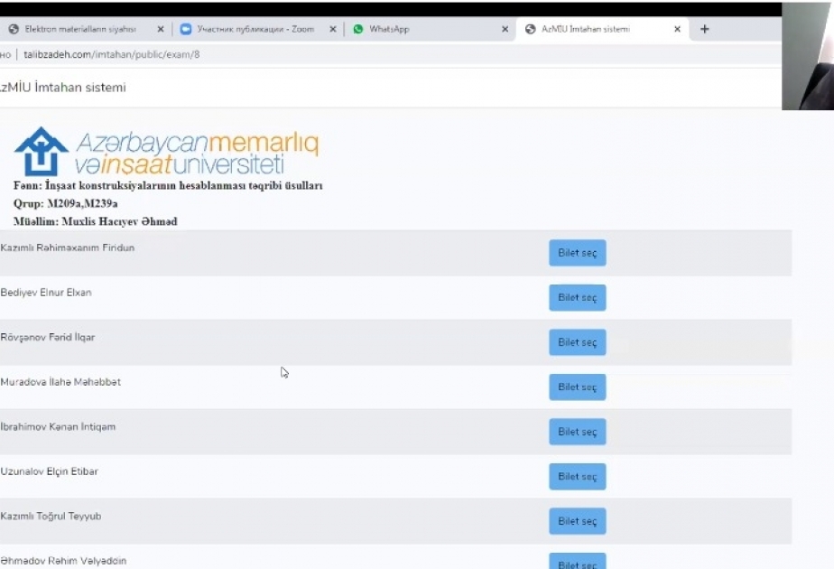 Memarlıq və İnşaat Universitetində magistrantların onlayn imtahanları başlayıb