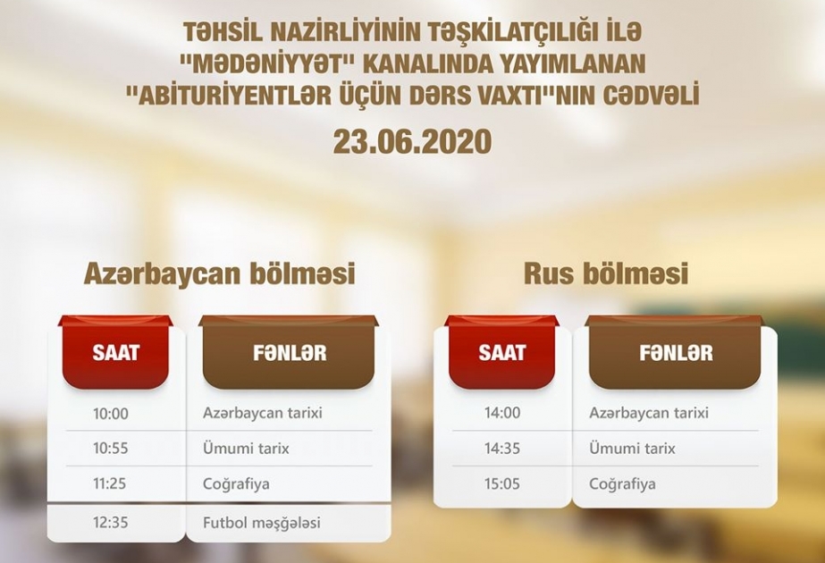 Abituriyentlər üçün teledərslərin iyunun 23-nə olan cədvəli