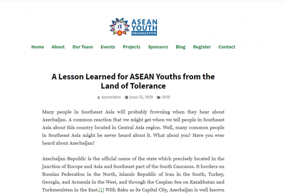 ASEAN Gənclər Təşkilatının internet səhifəsində Azərbaycanın tolerantlıq mühitindən bəhs edən məqalə yayımlanıb