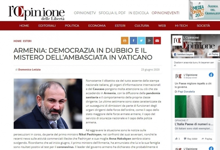 La prensa italiana ha emitido un artículo que expone la verdadera naturaleza del régimen de Pashinyán