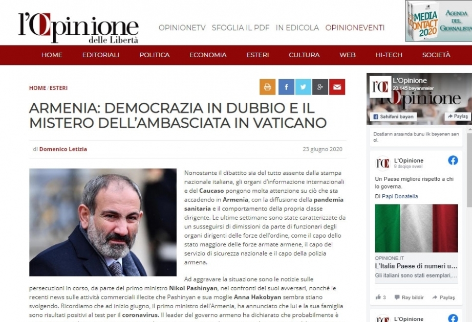 الصحافة الإيطالية تنشر مقالاً يفضح جوهر نظام باشينيان