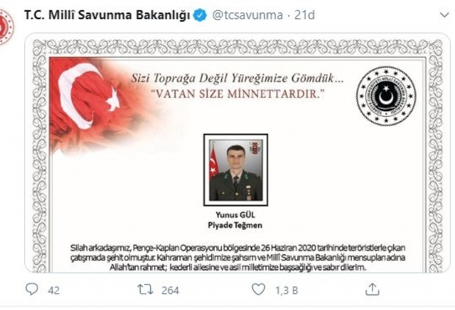 Türkiyə ordusu İraqın şimalında şəhid verib