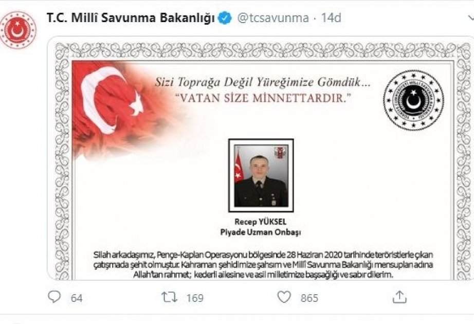 Türkiyə Ordusu İraqın şimalında daha bir şəhid verib
