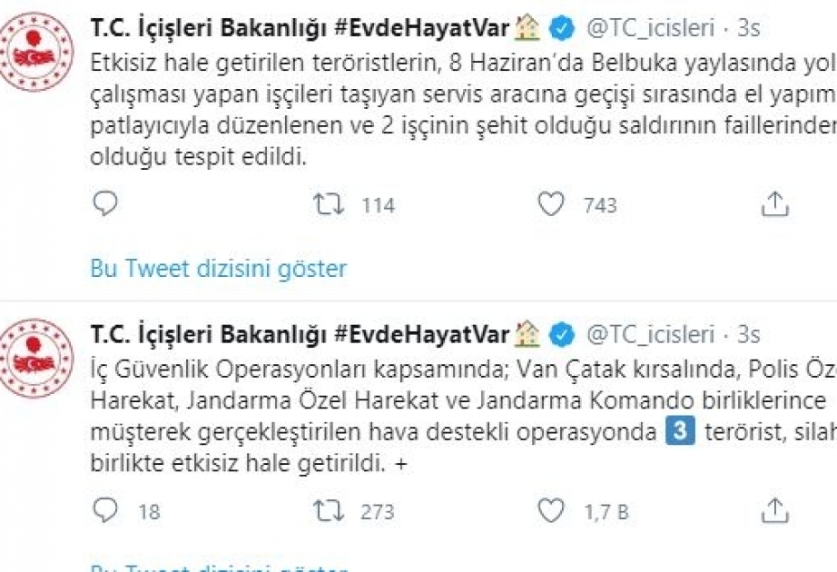 Türkiyədə daha üç terrorçu təhlükəsizlik qüvvələrinə təslim olub